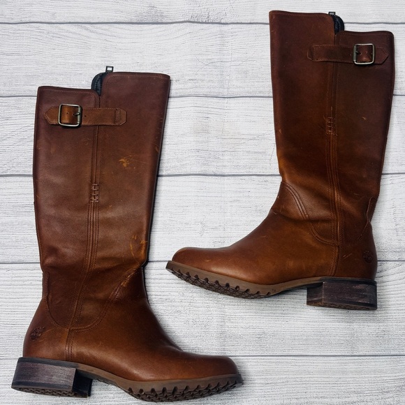 Timberland Banfield Boots Women's 6 Brown Leather Tall Riding Knee High Buckle - Picture 1 of 5